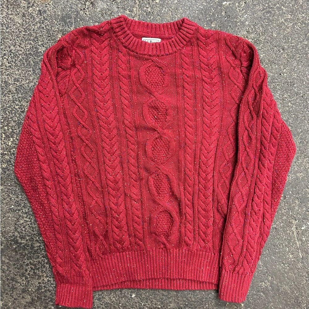 L.L. Bean Red Cable Knit Crewneck Sweater